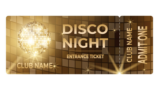迪斯科派对入场券模板。为音乐会、派对、节日设计。图片下载