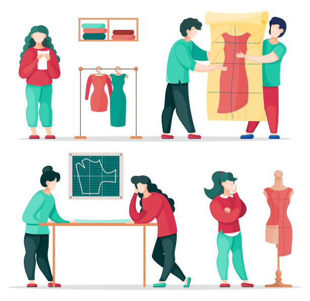 收集矢量插图，下水道，设计师在缝纫店或时装工作室工作图片下载
