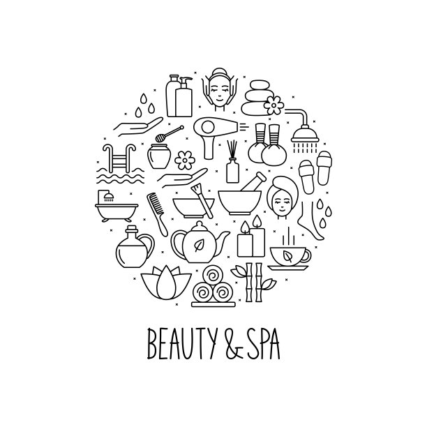 圆形横幅与水疗和美容图标在线性风格。矢量图图片下载