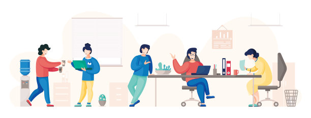 平面矢量插画办公室里忙碌的人，同事在工作中交流图片下载