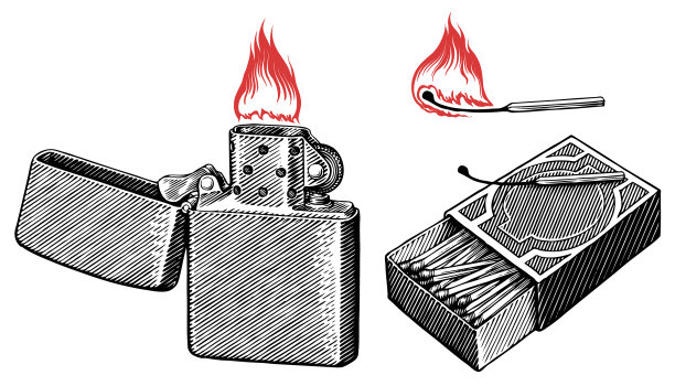 打火机和火柴。可编辑的手绘插图。向量的雕刻。8每股收益图片下载