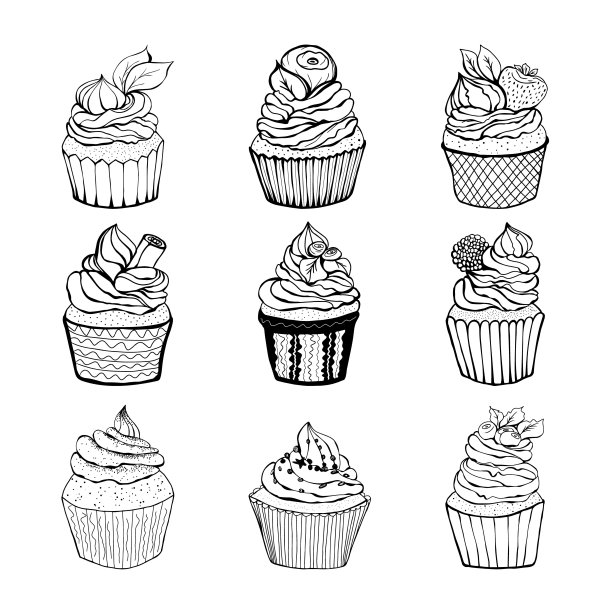 一套手绘蛋糕与奶油，洒，浆果和肉桂棒图片下载