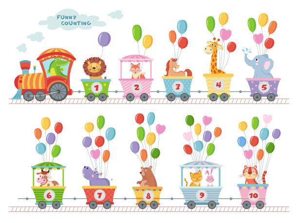 计数火车与动物乘坐轨道与气球教育儿童学校载体上白色图片下载
