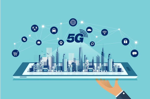 6G技术概念：现代城市与6G网络连接智能手机矢量设计图片下载