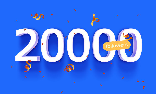 有2万名追随者的横幅，以3d蓝色和彩色纸屑的形式感谢您。图片下载