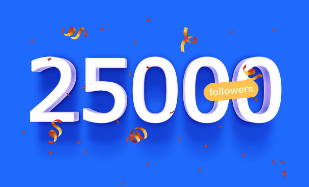 横幅25000名关注者谢谢你的形式，3d蓝色和彩色的纸屑。图片下载