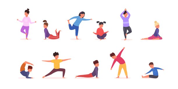 孩子普拉提。儿童瑜伽姿势，儿童体操姿势，儿童运动拉伸运动，青少年健康生活方式健身房弯曲体操，设置卡通花哨矢量插图图片下载