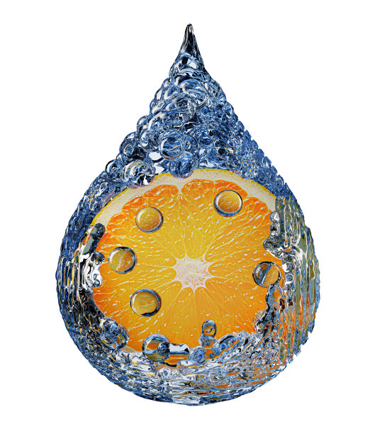 橙色的水在白色背景上以水滴的形状溅起。三维渲染图片下载