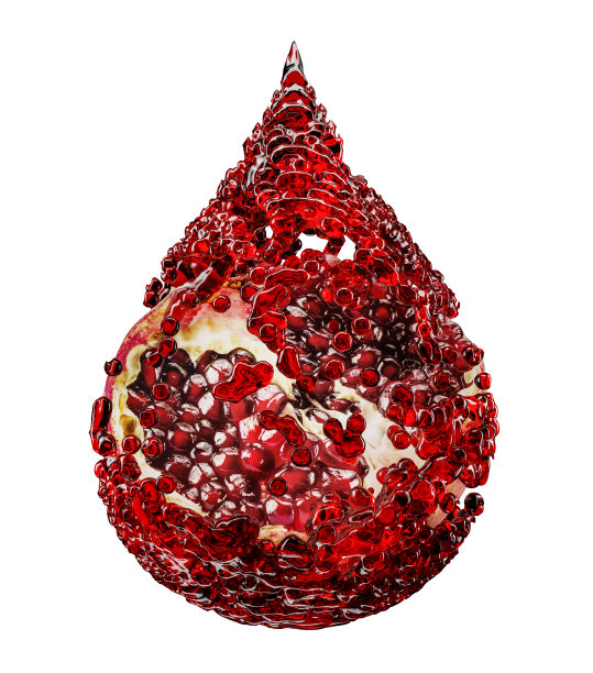 石榴汁溅在水滴的形状与修剪路径上的白色背景。三维渲染图片下载
