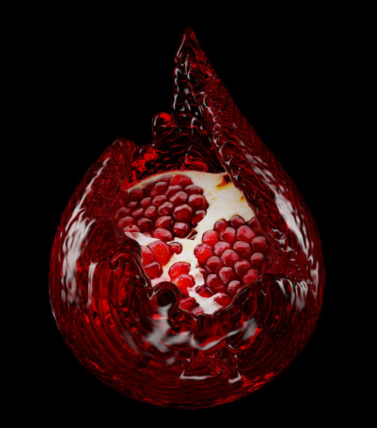 石榴在果汁泼洒在形状下降与剪辑路径上的黑色背景。三维渲染图片下载