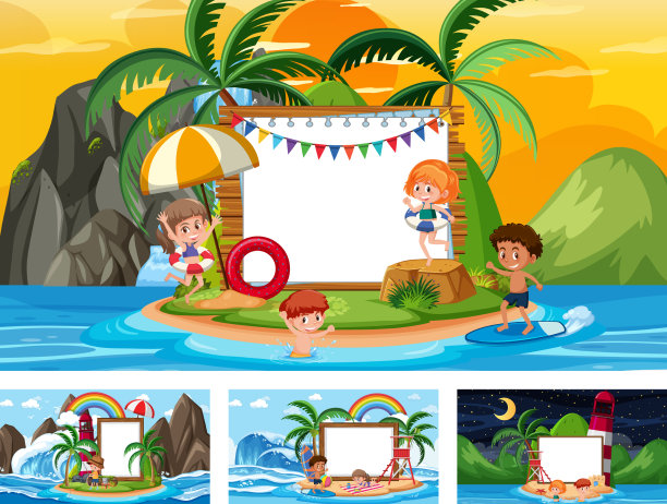 在不同的热带海滩设置一组空白横幅图片下载