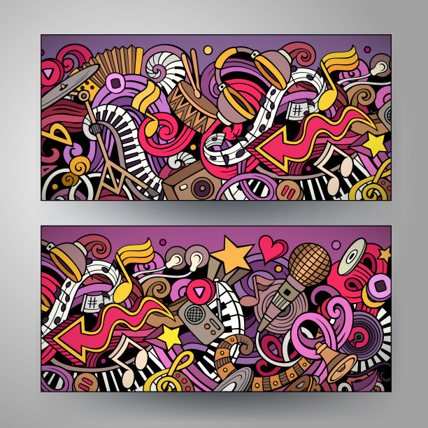 卡通可爱的涂鸦音乐横横幅设置图片下载