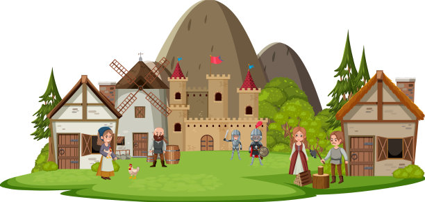 中世纪的村庄场景在白色的背景图片下载