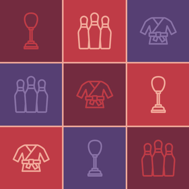 设定线出拳袋和服和保龄球瓶图标图片下载