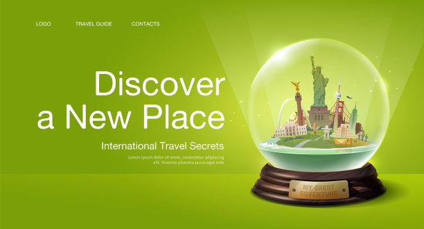 去北美旅行。带有地标的玻璃球。图片下载
