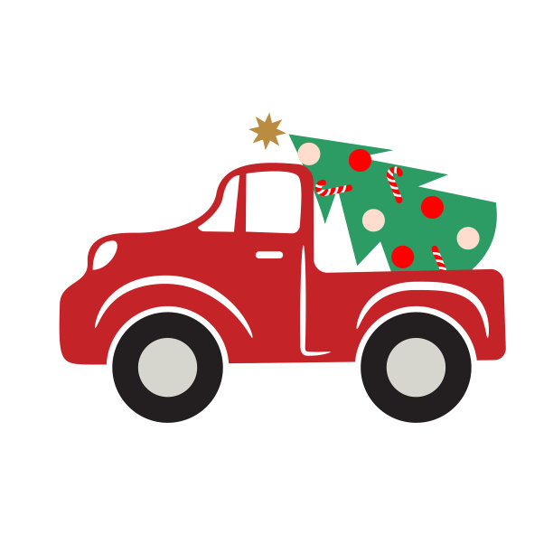 圣诞红色的汽车卡车上有一棵松树图片下载