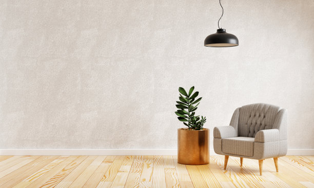 现代客厅，舒适的面料扶手椅，仿空间墙背景。室内和建筑概念。3 d演示呈现图片下载