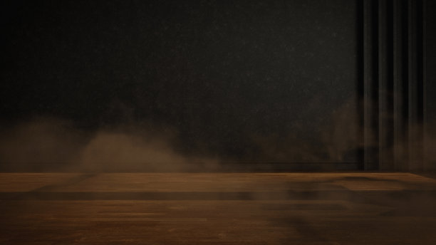 空的棕色木地板，黑暗的墙壁房间，烟雾和颗粒3d渲染图片下载