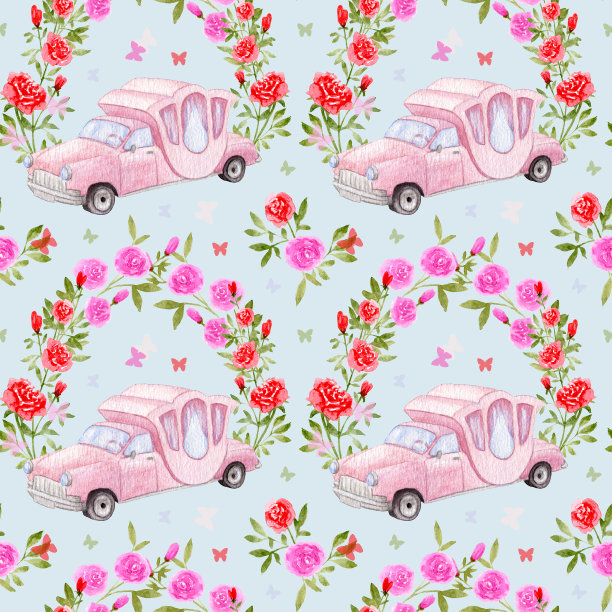 水彩复古汽车。手绘复古汽车图案。婚礼复古的粉色轿车，带有拱形的玫瑰花。婚礼无缝图案与蝴蝶和鲜花。图片下载