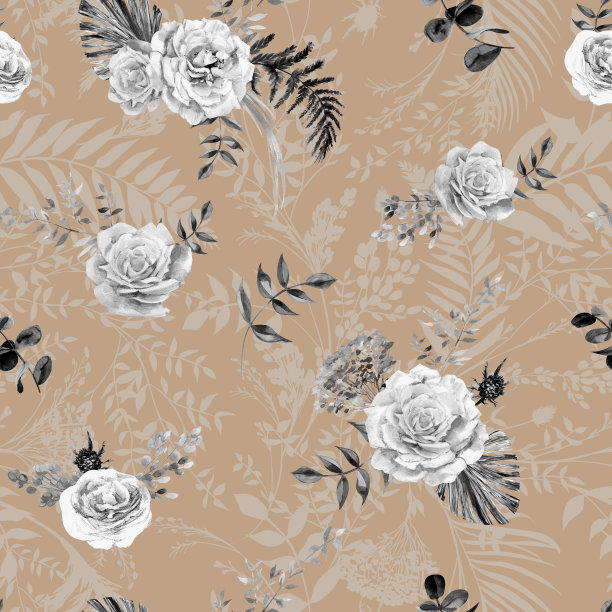 水彩复古黑白无缝图案与玫瑰花和热带棕榈叶植物标本室图片下载