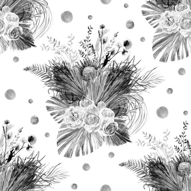 水彩复古黑白无缝图案与植物标本室的白色玫瑰花和热带棕榈叶图片下载