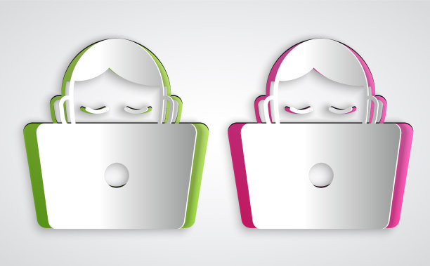 剪纸学生在笔记本电脑图标工作孤立图片下载