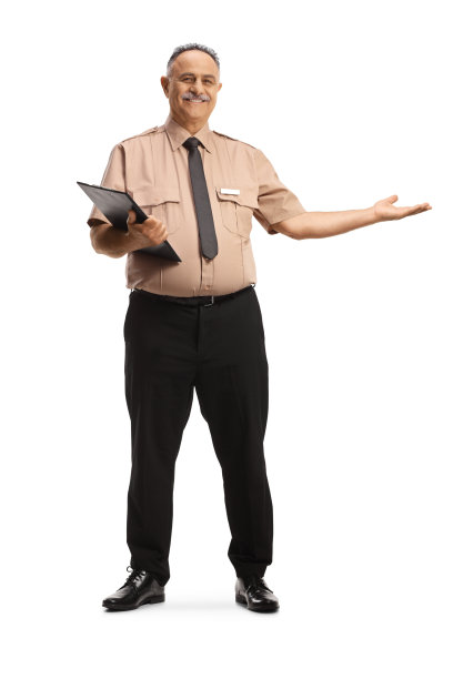 成熟保安手持写字板用手指示全身像图片下载