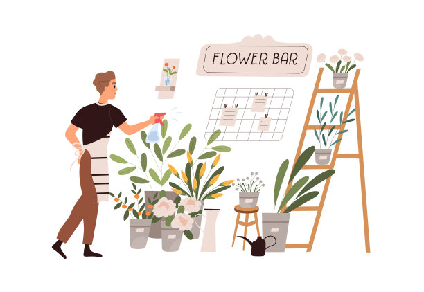 在花店喷洒植物的小贩图片下载