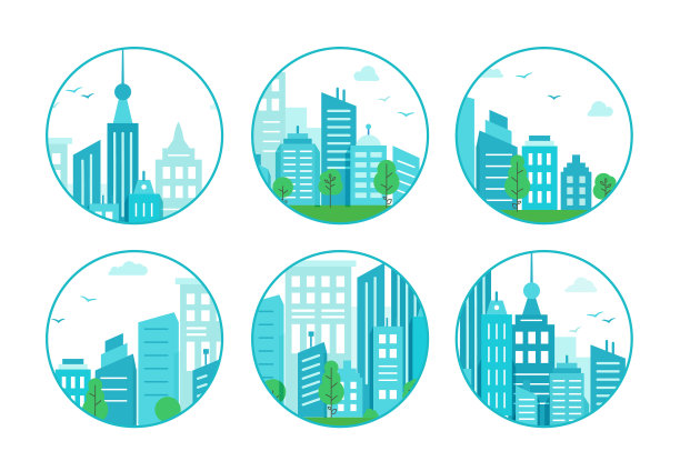 一套圆形图标与蓝色城市景观图片下载