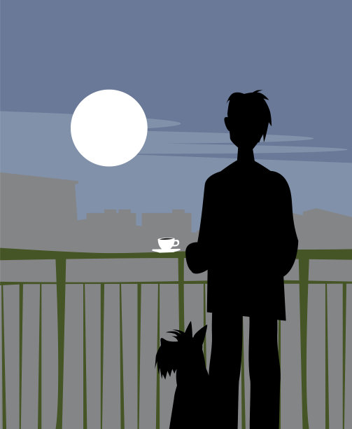 男孩和狗站在阳台上图片下载