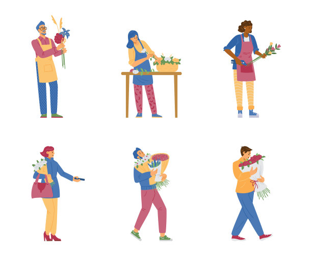 一套卡通女性和男性花商的角色图片下载