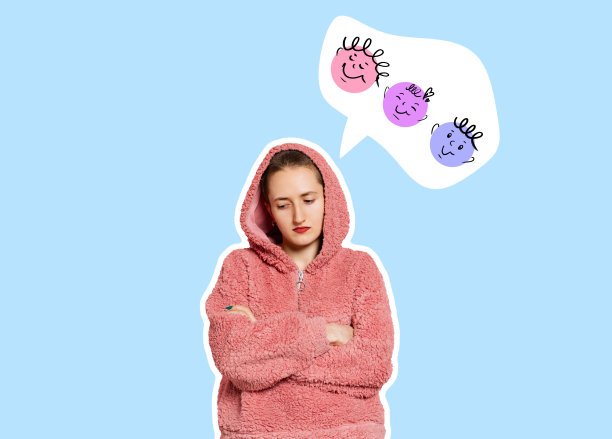 年轻悲伤的女孩思考，梦想在蓝色的背景。杂志风格的拼贴，明亮的背景。传单与潮流的颜色，折扣，销售季节，时尚，情绪的概念。图片下载