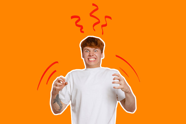 一个愤怒的年轻人在橙色背景下尖叫。杂志风格的拼贴，明亮的背景。印有时髦颜色的传单，图片下载