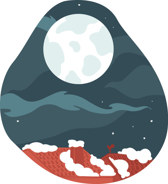 满月的冬夜，白雪覆盖的屋顶图片下载