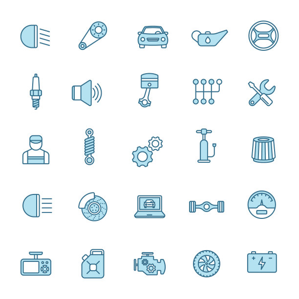 汽车服务线填充图标在两个颜色孤立的白色背景。汽车服务蓝色图标集网页设计，ui，移动应用程序，打印测谎和促销业务图片下载