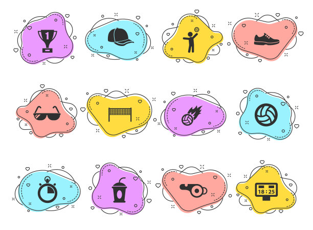 排球字形矢量图标上的彩色气泡形状孤立在白色背景。排球图标集网页设计，移动应用程序和UI设计图片下载