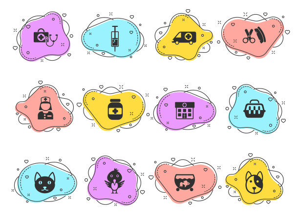 兽医诊所字形向量图标彩色气泡形状孤立在白色背景。兽医诊所图标设置，用于网页设计，移动应用程序和UI设计图片下载