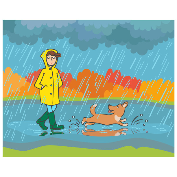 一个女孩穿着雨衣和雨靴和狗散步图片下载