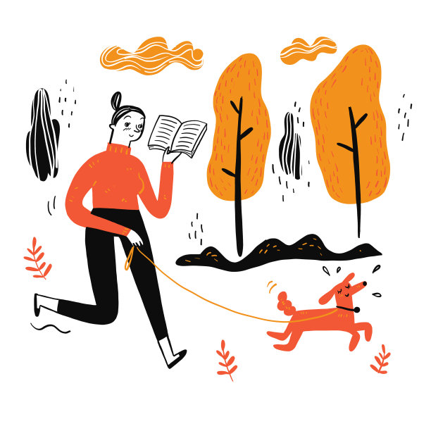 女人遛狗，读一本喜欢的书图片下载