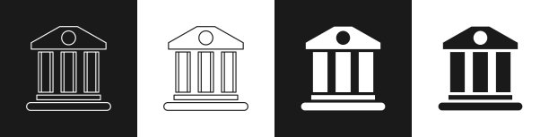 设置银行建筑图标孤立在黑色和白色图片下载