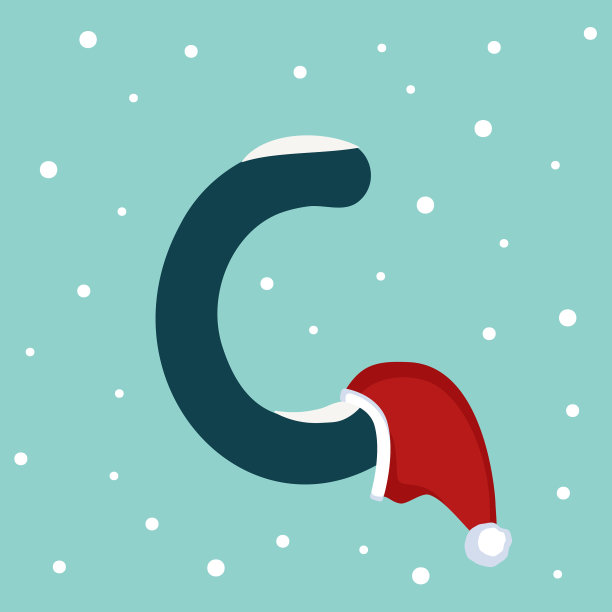 字母c带着雪和红色的圣诞老人帽子图片下载