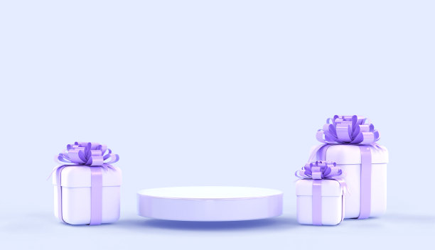 3D讲台和白色礼品盒紫色蝴蝶结在蓝色背景。模拟空舞台，平台展示产品与礼物或奖金生日，情人节，圣诞节或新年，3d渲染图片下载