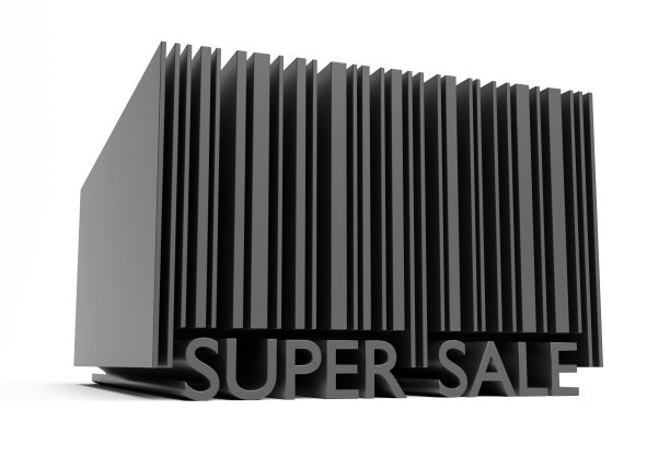条形码上写着超级大甩卖。3 d渲染。图片下载