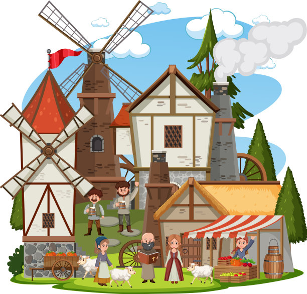 中世纪的村庄，村民都是白人图片下载