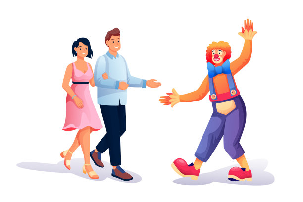 一对夫妇在游乐场看小丑表演图片下载