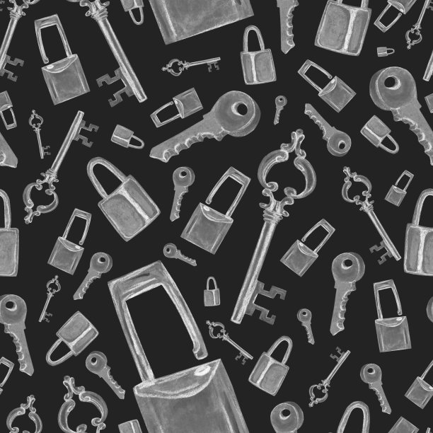 水彩图案银钥匙和锁在黑暗的背景为您的设计无缝，手绘插图图片下载