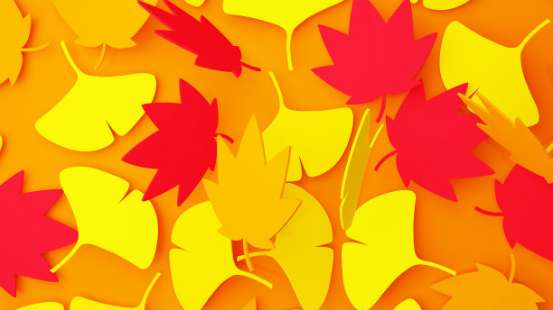 一种在秋天变红的植物。秋叶和银杏叶。橙色背景。3 d渲染。图片下载