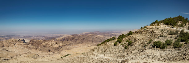 约旦岩石景观和树木山丘的全景图片图片下载