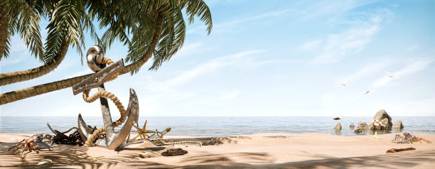 美丽的沙滩上，棕榈树下巨大的航海锚和水手的绳索图片下载