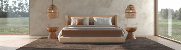 极简主义现代室内斯堪的纳维亚设计。带有灰泥墙的卧室。全景窗户与自然景观。3 d渲染插图。图片下载